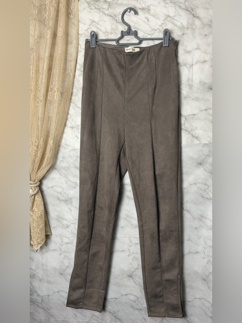 Mocha Teddy Micro Flock Texture Pants Faux Suede High Rise Slim Straight Taupe S